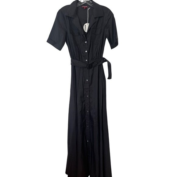 New STAUD Millie Satin Belted Maxi Shirt Dress Black Sz 2 MSRP $495 - Picture 5 of 10
